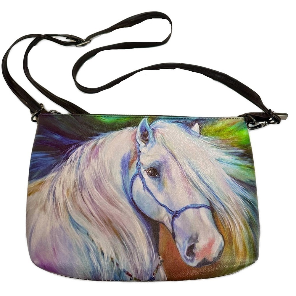 Vegan Printed Vinyl White Horse Equestrian Crossbody Zippered Bag Brown Strap